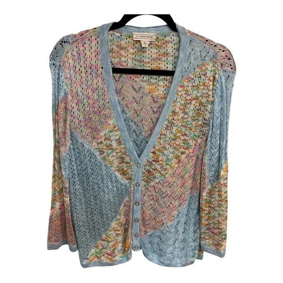 NWOT St John Sport Pastel Multicolor Open  Knit Luxury Cardigan Sz XL(L)