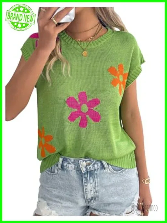 Short Sleeve Lightweight Knit Sweater Floral Print Loose Fit Pullover
