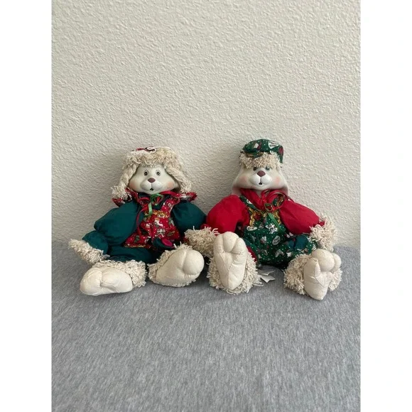 VTG House of Lloyd Hip & Hop Christmas Plush Bunny Pair Green Red 542064 Good