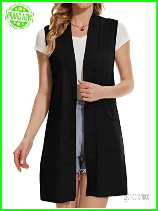 Sleeveless Cardigan Vest Open Front Long Sweater with Pockets Lightweight Office