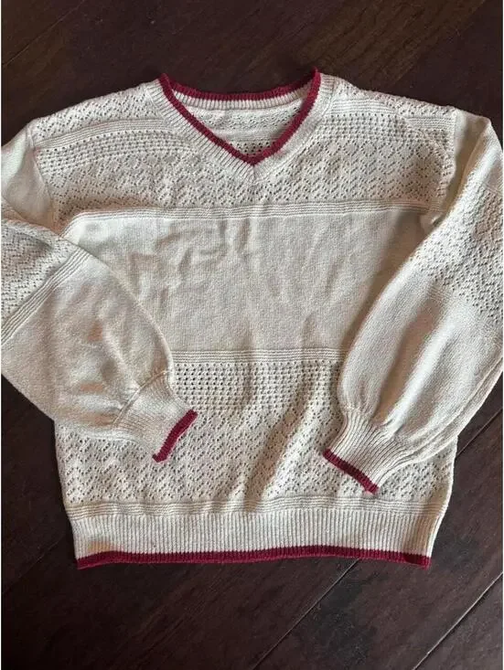 Vintage ivory pointelle knit sweater with burgundy trim
