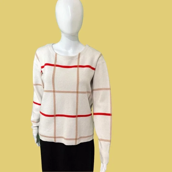 Tahari Plaid Women's Sweater - Cream and Red
