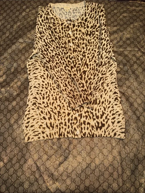 J. Crew Leopard Spot Crewneck Cardigan in Brown & Cream