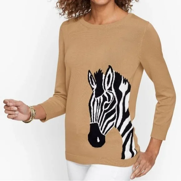 Talbots Crewneck Zebra Print Beige Sweater Size XS