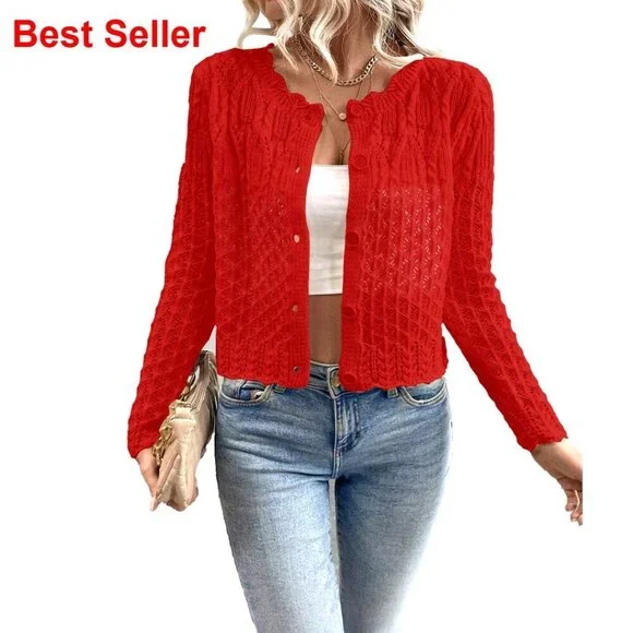 Cropped Crewneck Cardigan Sweater Long Sleeve Button Front Fall Top