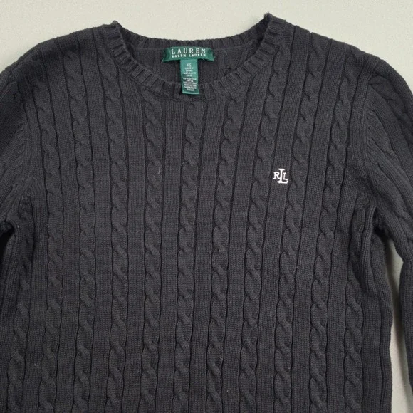 Lauren Ralph Lauren Cable Knit Sweater Womens XS Black Crewneck Cotton Pullover