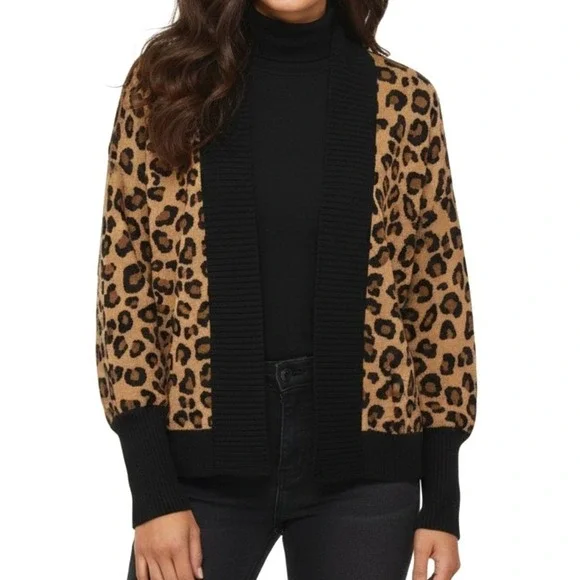 Tahari Cardigan Sweater‎ Womens Small Tan Leopard Print Open Front Ribbed Trim