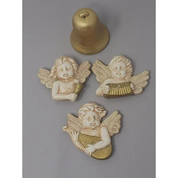 Set Of‎ 3 Angel Figurines With Golden Bell Holder Wall Decor