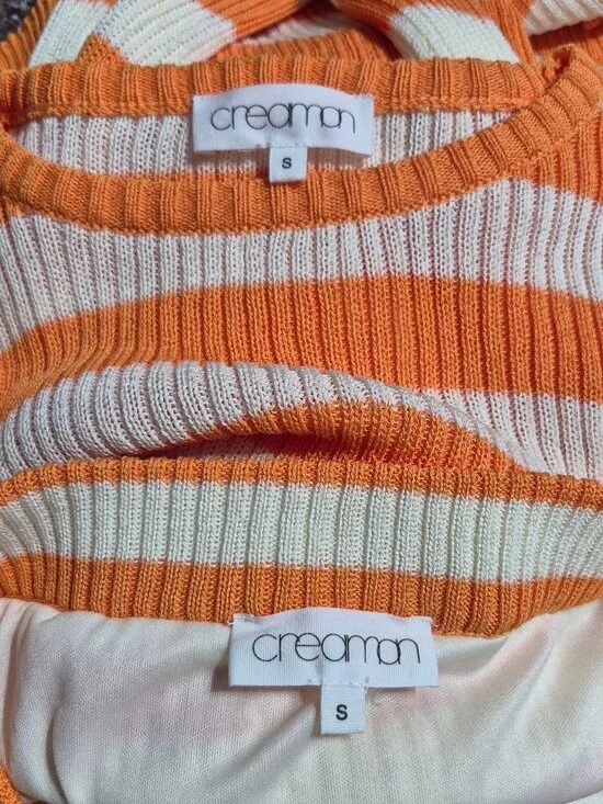 Women's Sweater and Skirt SET, Creamon. Small. orange/cream stripe.