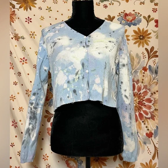 Stefano Cocci S Preppy Grunge Light Blue Bleach Dye Cropped Cardigan Office City