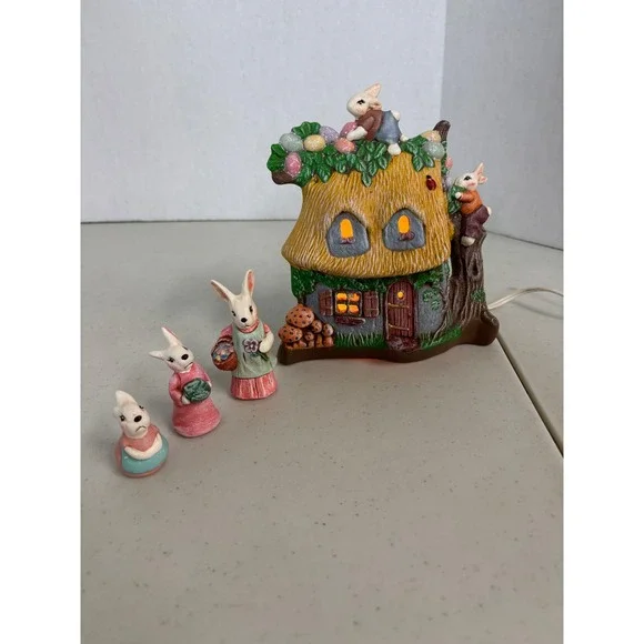 Easter Bunny Cottage‎  Light with 3 Figurines Ceramic Illuminated Decor Set