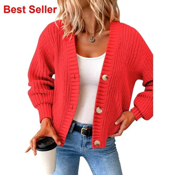 Oversized Chunky Knit Cardigan Waffle Texture Button Down V Neck Sweater