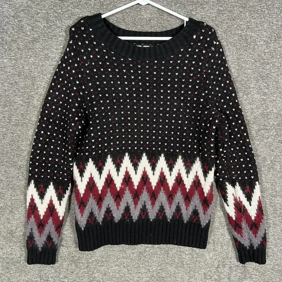 LL Bean Signature Sweater Womens Small Black Fair‎ Isle Wool Mohair Pullover