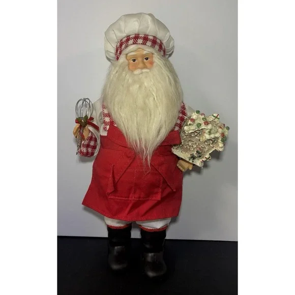 Santa Claus Chef Figurine – Red Apron, Whisk & Gingerbread House – 16