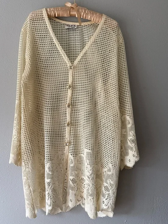 Vintage 80s/90s 3K Fashion Open Knit Lace Cardigan Tunic - Made in USA