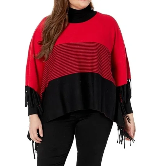 Multiples Women's L/XL Red Black Striped Fringed Poncho Cape Sweater‎ Top New