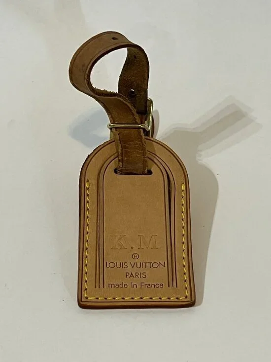 Authentic Louis Vuitton Vachetta Leather Luggage Tag Brass Buckle *Initials KM*