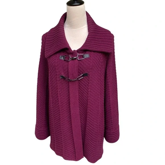 JM COLLECTION. Fucsia‎ Cardigan. Snap.  2 Buckles. Knit Collared Raglan S…