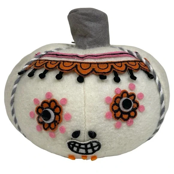 Target Day of the Dead Sugar Skull Felt Pumpkin Decor‎ Halloween White Orange