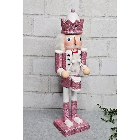 Pink White Drummer King Guard Nutcracker Glitter Wooden 14