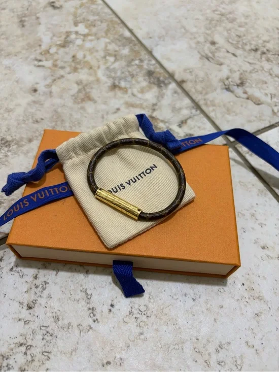 Louis Vuitton Monogram Bracelet with Gold-Tone Tube Clasp Authentic 100%