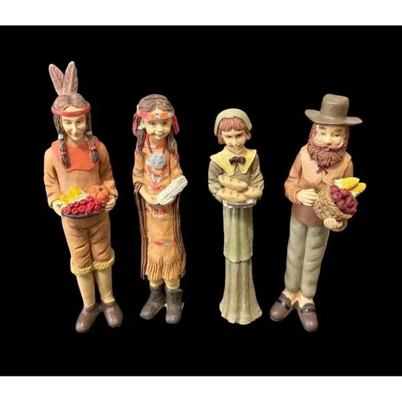 4 Vtg Thanksgiving Pilgrims and Native American Pencil Figurines Fall 6.5” Tall