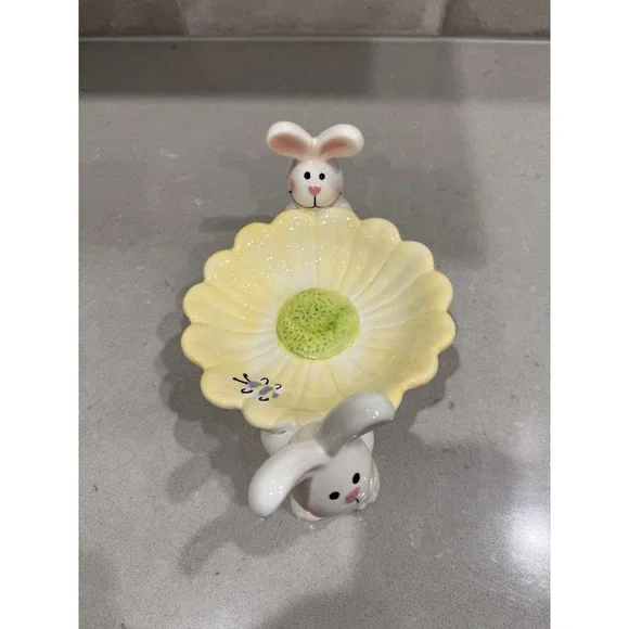 🐰 Vintage Easter Bunny Double Figurine Candy Dish – Spring Flower Bowl Decor