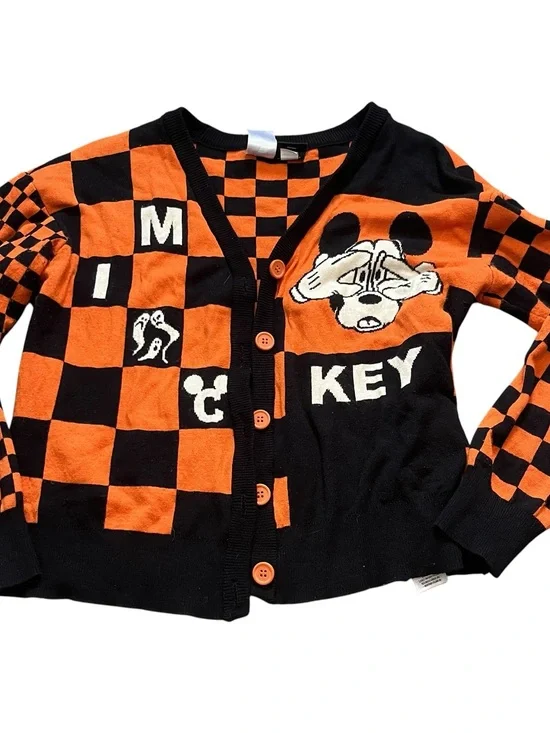 Disney Her Universe Womens Orange Black Checker Mickey Halloween Cardigan Size L