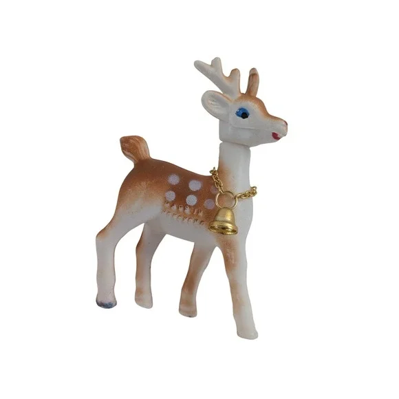 Vintage Hong Kong Christmas Deer Figurine Ornament Gold Bell Collar