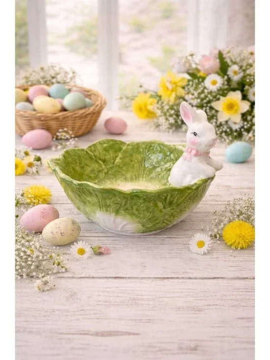 New Green Easter Bunny Cabbage Shaped Serving Dish Bowl Decorative Spring Decor