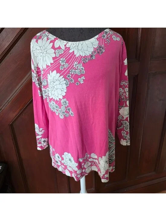 Talbots Womens Plus Size 2X Pink Floral Print Top 3/4 Sleeve NWT