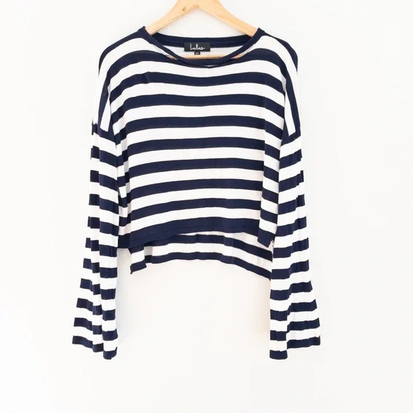 Lulu's Navy White Split Neck Flare Sleeve Stripe Crop Sweater Capsule Minimalist