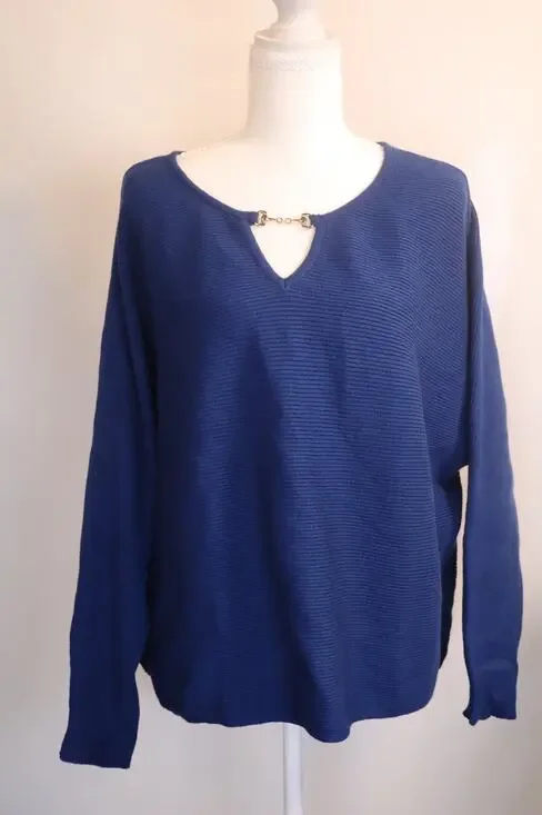 NEW Montgomery Navy Blue Keyhole Ribbed Knit Long Sleeve Oversized Sweater XL