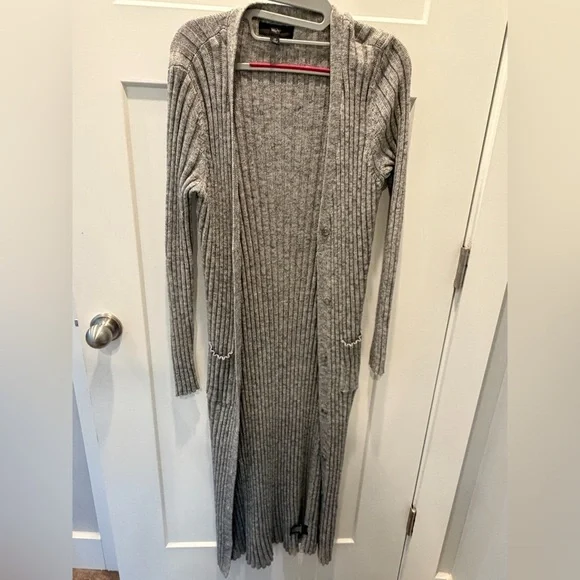 Mossimo Women Longline Ribbed Duster Cardigan Gray Open Front Sweater Pockets S