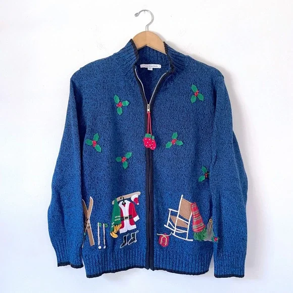 Vintage Christmas Holiday Zip Up Cardigan Medium Winter Retro 90s Ugly Sweater