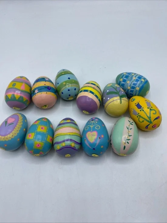 Vintage Lillian Vernon Hand Painted Wooden Easter Eggs Set Of 11 Cottage Core