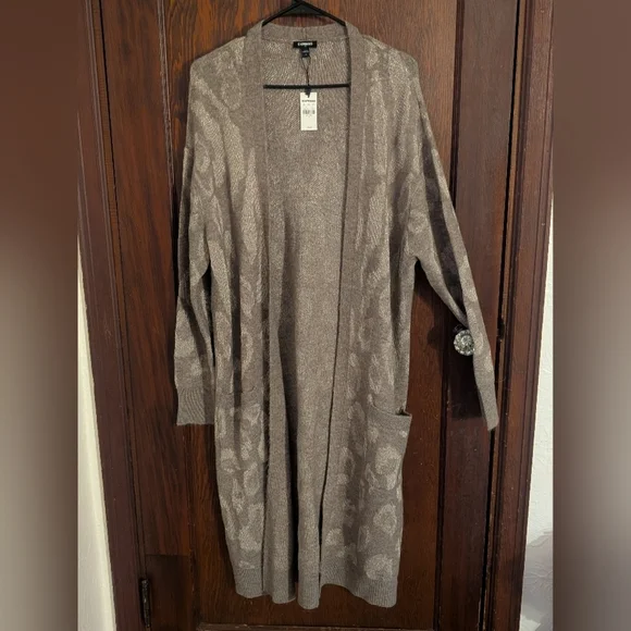 New With Tags Express Animal Print Brown Long Length Pockets Cardigan Size Med