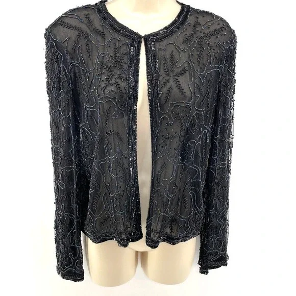 Vtg‎ Sheer Mesh Jacket M Beaded Sequins Whimsigoth Formal Glam Old Hollywood Art