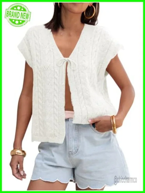 Lightweight Cable Knit Sleeveless Cardigan Vest V-Neck Button Front