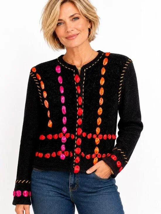 Vintage Susan Bristol Hand-Embroidered Ribbon Metallic Trim Cardigan
