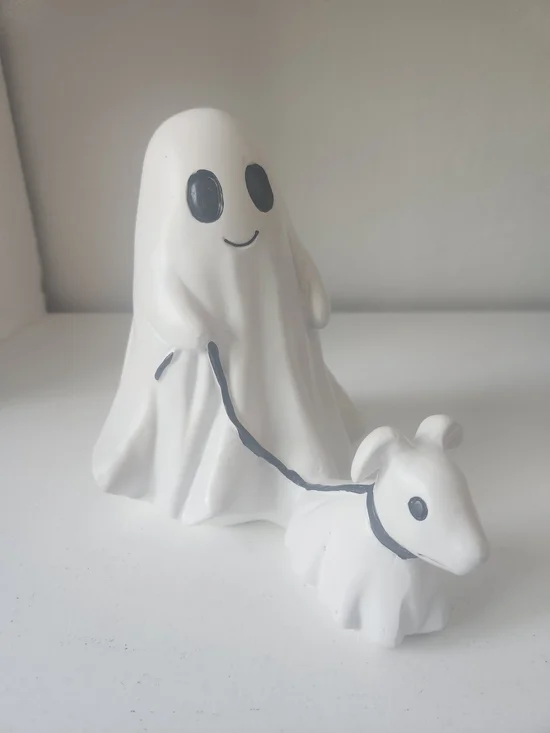 White Resin Ghost Figurine Walking A Ghosr Dog