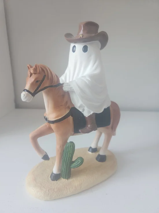 Ghost Cowboy Riding A Horse Figurine - White and Brown Western Decor Resin