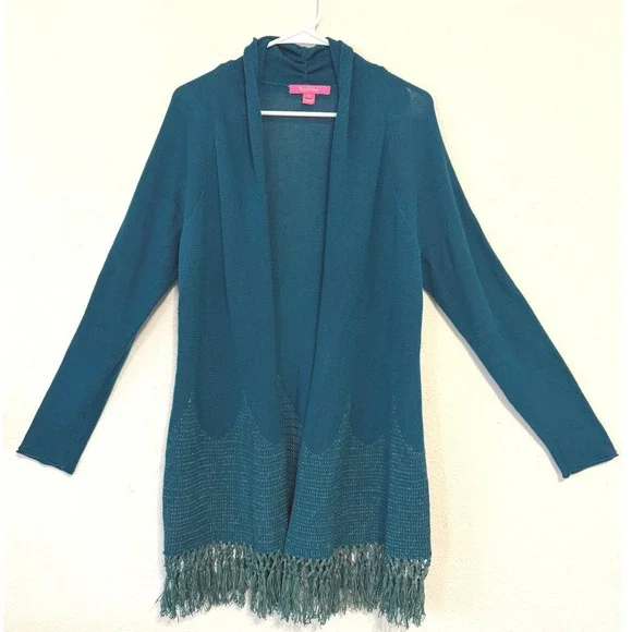 Lilly Pulitzer Teal Open Front Fringe Cardigan Sweater L Boho Coast‎