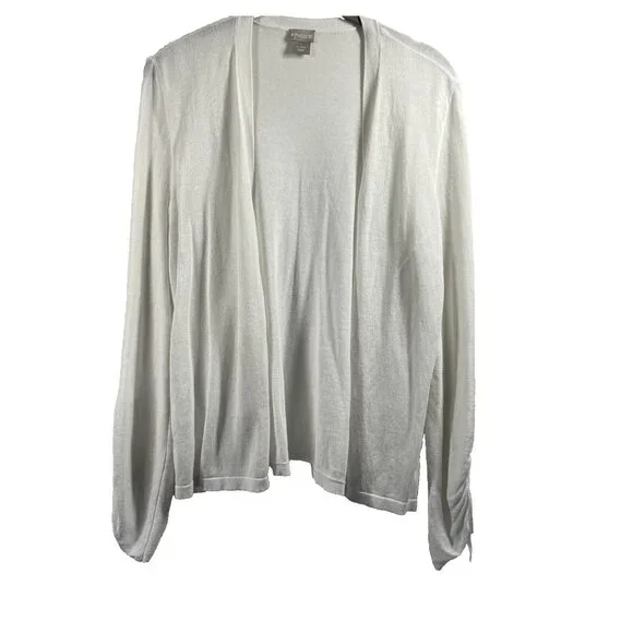 Chicos Women's Cardigan Sweater Med Solid White Ruched Long Sleeves Open Light‎