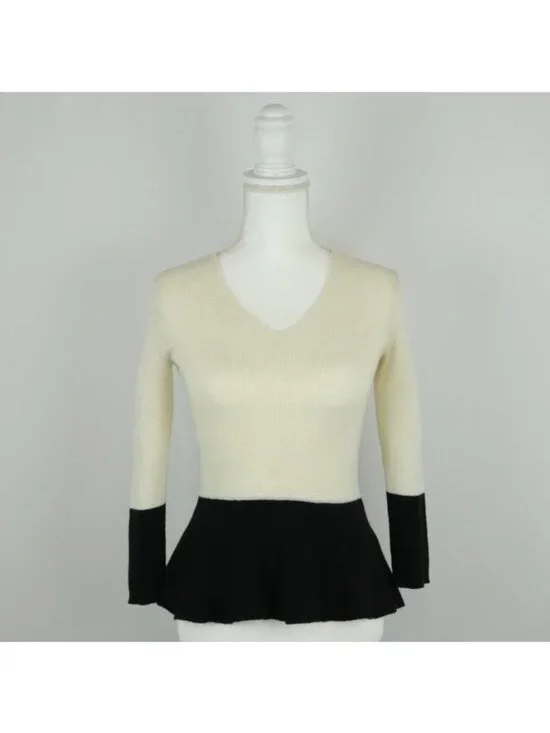 Banana Republic Women's XS Cream Black Wool & Cashmere Blend V-Neck Sweater