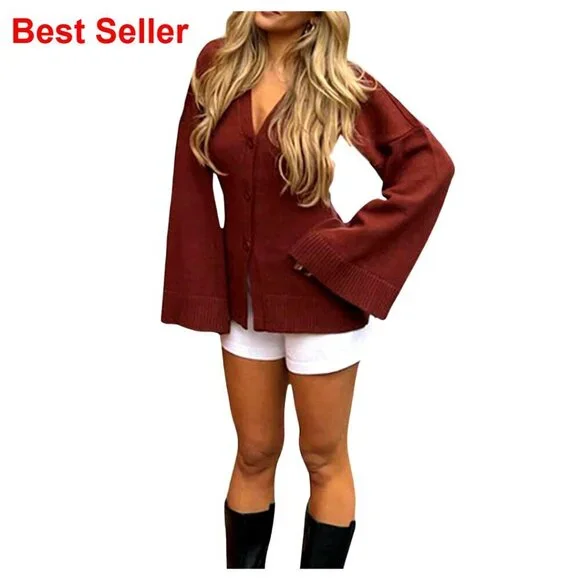 Long Bell Sleeve Cardigan V Neck Button Down Cinched Waist Sweater