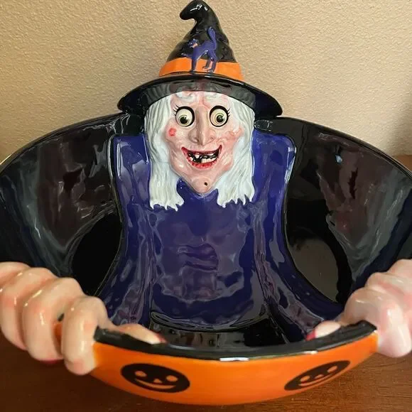 Department 56 RARE and HTF Witch Ceramic Googling Eyes Big Halloween Bowl