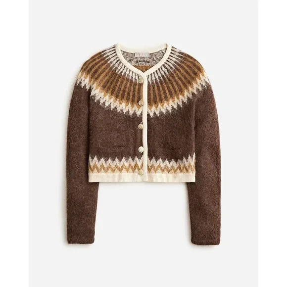 J.Crew Brown Fair Isle Alpaca Wool Blend Cropped Cardigan Gold Button BV354 XS