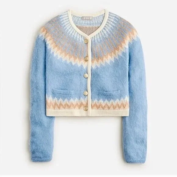 J Crew Womens Blue Fair Isle Alpaca Wool Blend Cropped Cardigan Sweater XS