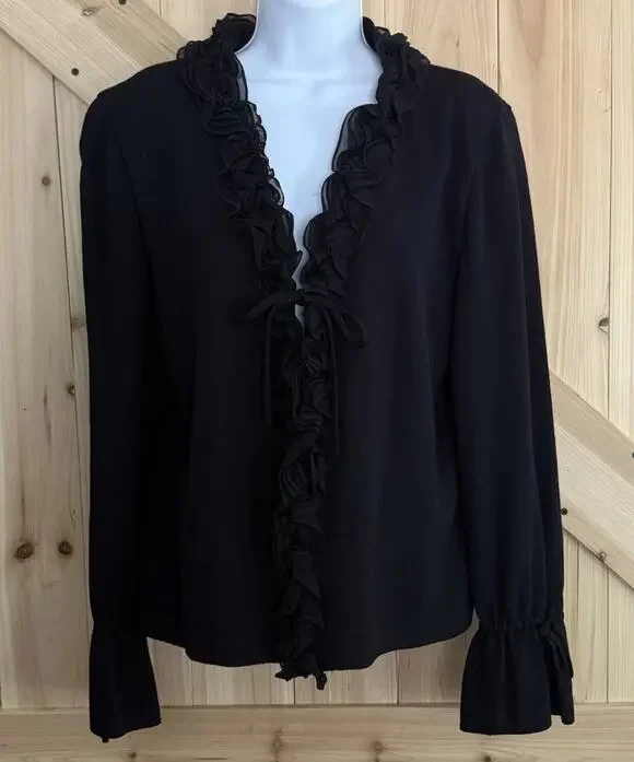 St.John Essentials Black Santana Knit Silk Ruffle Flutter Sleeve Cardigan Sz 12